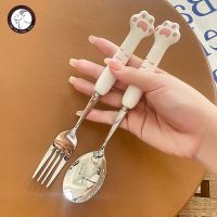 304 Stainless Steel Cute Cat Claw Ceramic Spoon Fork Chopsticks Dinnerware Sets Portable Reusable Kitchen Tableware