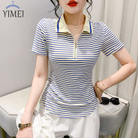 YIMEI เสื้อยืดผู้หญิงสวยๆ2023ฤดูร้อนเสื้อโปโลใหม่ MODE Korea สตรีลายทางไม่สม่ำเสมอเสื้อยืดผ้าฝ้าย