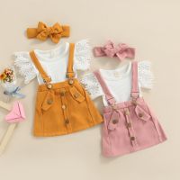 Infant Baby Girls Summer Outfit Sets White Flying Sleeve Ribbed Romper + Solid Color Suspender Skirt + Headband  by Hs2023