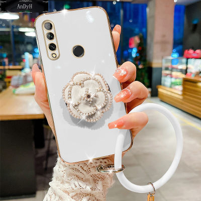 AnDyH For Huawei Y6P Case,Fashion Luxury Beautiful Girls Floral Stand + Hand Ring Simple Solid Color Plated Soft Phone Case