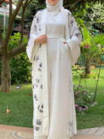 ดอกไม้พิมพ์ตุรกี Abaya Kimono สีทึบ Jumpsuit Rompers เสื้อผ้าอิสลาม Elegant ผู้หญิงมุสลิมชุดรอมฎอน Eid Party