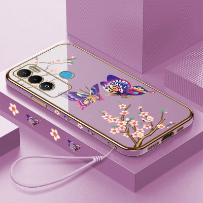 คลังสินค้าพร้อมเคสเคสมือถือสำหรับ Tecno Pova Neo พร้อมฟรีสายคล้อง + การ์ตูนผีเสื้อขอบสี่เหลี่ยมชุบฝาหลังนิ่ม