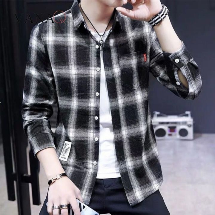 VANAQ POLO Shirt For Man Plaid Shirt Men's Long Sleeve Shirt Korean ...