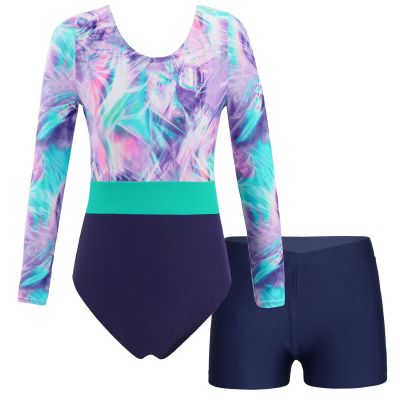 Kids Girls Ballet Dance Leotard Long Sleeve Gymnastics Bodysuit with Shorts Performance Dancewear Fitness Sportswear Swimwear