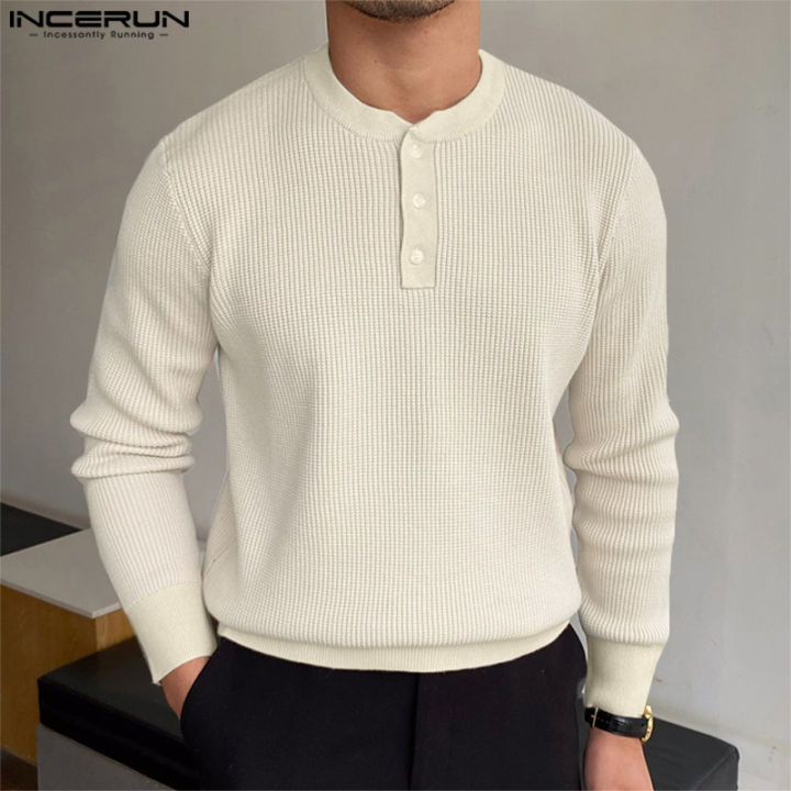 incerun-เสื้อแขนยาวสำหรับผู้ชายคอวีติดกระดุมเสื้อแบบสวมหัวทรงหลวม-สไตล์ตะวันตก