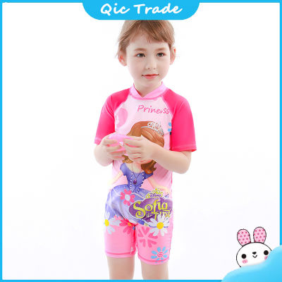 [New Arrival] 2pcs/set Baby Girls Cartoon One-piece Swimsuit + Sun Hat Long-sleeved Back Zip Stand-up Collar Sunsuit Swimwear Bathing Suit With Hat