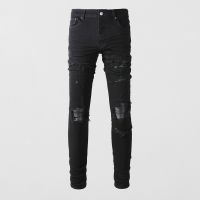 AMIRI European station new mens jeans, black slimming version, broken patch leather, high street casual fashion style # street fashion jeans