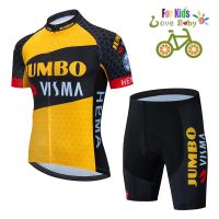 Jumbo Visma ชุดเสื้อเจอร์ซีย์นักปั่นสำหรับเด็ก,ชุดกางเกงขาสั้นระบายอากาศได้ดีสีชมพูเรืองแสงปั่นจักรยานเสื้อผ้าเด็กชายหญิงฤดูร้อน