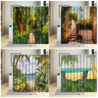 Oil Painting Scenery Shower Curtain  Vintage Town Spring Flower Green Plant Forest Beach Bathroom Polyester Cloth Curtain Sets