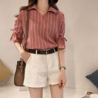 COD DSFERTRETRE Women Loose Stripe Shirts V-neck Lace-up Short-sleeved Vertical Summer Tops