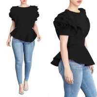 Women Blouse Tops Shirt Layers Petal Sleeves Elegant Fashion Spring Summer Rose Red Blue Black White Bluas Ruffles Classy Lady