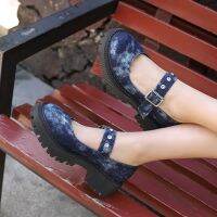 40-43 European and American big yards cross-border denim female low documentary shoes lolita punk wind buckles diamond H164