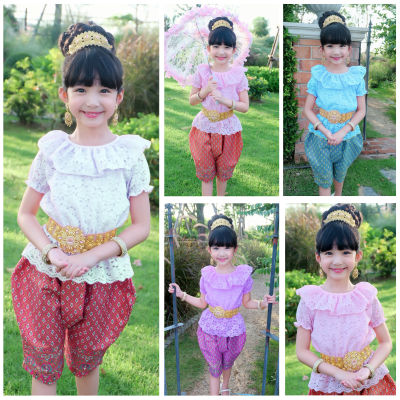 ชุดไทยเด็ก พุดซ้อน 🎉 เซท2ชิ้น เสื้อผ้าลูกไม้ระบายคอ เนื้อนิ่มไม่คันใส่สบาย + โจงผ้าพิมพ์ทอง มี 5ไซส์ 3-10ปี