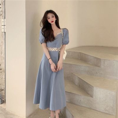 ‘；’ MEXZT Elegant Lace Dress Women Square Collar Patchwork A Line Midi Dress Vintage Korean Puff Short Sleeve Blue Slim Vestidos New