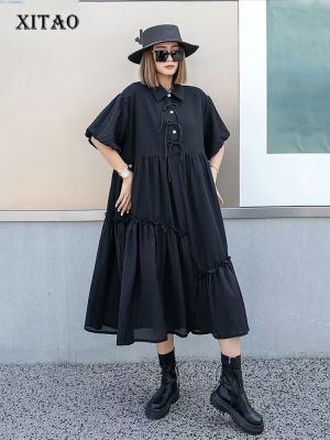 XITAO Dress Irregular Folds Lace-up Women Black Casual Shirt Dress