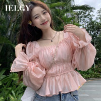 IELGY เสื้อคอปกสี่เหลี่ยมสไตล์ฝรั่งเศสสำหรับผู้หญิง,เสื้อแขนทรัมเป็ตทรงสลิมฟิตสีชมพูเสื้อมีจีบใหม่สวยหวาน