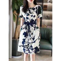 COD DSFGRDGHHHHH Summer Short Sleeved Dress Temperament Round Neck Painting Work Print Midi Skirt for Women