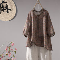 Wewae6323สไตล์จีน Chinoiserie Hanfu ฤดูร้อน Retro Stand Collar ดอกไม้ Ramie เสื้อผู้หญิงพิมพ์เสื้อ Tops