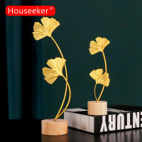 Houseeker Golden Ginkgo Leaf Miniature Figurines ไม้ตกแต่ง Nordic เครื่องประดับรูปปั้นสำหรับห้องนั่งเล่นตาราง Office Home อุปกรณ์ตกแต่ง