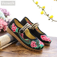 Veowalk ฤดูใบไม้ผลิแฮนด์เมดประเทศไทยแฟลตบัลเล่ต์เก่าปักกิ่งผู้หญิงสบายๆดอกไม้เย็บปักถักร้อยรองเท้าผ้าฝ้าย Asakuchi รองเท้าระบายอากาศ