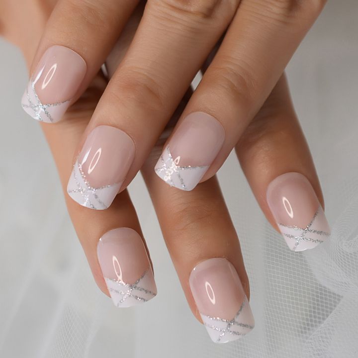 real-french-fake-nails-white-decorated-artificial-nails-short-square-nude-false-nail-press-on-manicure-accessories