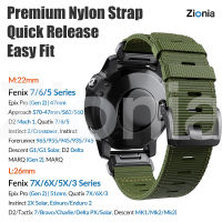 Zionia 26มม. 22มม. สายนาฬิกาไนลอนพรีเมี่ยมที่เหมาะกับผิวสำหรับ Garmin Fenix 7X 7 6X 6 Pro 51mm Sapphire Solar 5 5X Plus 3 HR Instinct MARQ Forerunner 935 945 Approach S70 47mm S60 S62 Epix Gen 2 Quatix Descent G1 Mk1 Mk2 Enduro D2 Tactix Bravo Delta PX