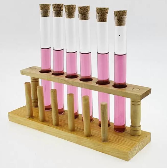 6 Glass test tubes with wooden stand 