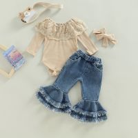 3 Pcs Baby Girls Casual Outfits Cotton Lace Ruffle Collar Long Sleeve Bodysuit Denim Bell-Bottoms Bow Headband