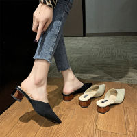 kasut perempuan （Lowest Price Guaranteed）Pointy knit slippers for women 2021 new fashion versatile thick heel web celebrity half slipper middle heel fashion shoes for women