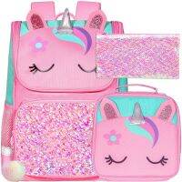 HOT★3PCS Tas Ransel Anak Perempuan,15 "เลื่อมยูนิคอร์น Bookbag พร้อมกล่องข้าวกลางวัน,เด็กก่อนวัยเรียนกระเป๋านักเรียนระดับประถมนักเรียน-สีชมพู