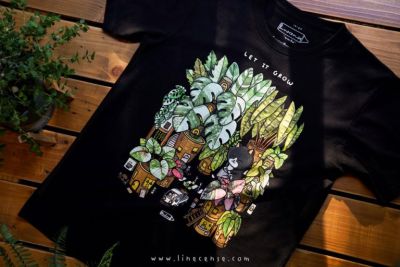 "Variegated Let it Grow" Black T-shirt เสื้อยืดคุณภาพสีดำ ลายหมู่บ้านต้นไม้ด่าง Premium cotton100