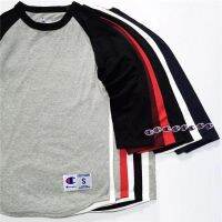 ☂On The Authentic Champion เย็บเจ็ดสีตะเข็บตะเข็บ Raglan แขนเป็นคู่ยอดนิยมโลโก้ทำให้หลวมเสื้อยืดผ้าฝ้าย Unlined เสื้อผ้าด้านบน