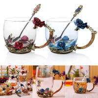 Enamel Water Cup 3D Rose Butterfly Glass Girl Flower Tea Cup Household Coffee Cup Thick Heat-Resistant Crystal Glass Tea Cup