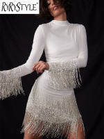 แฟชั่น Fringed Mini Dress ผู้หญิง Slim Solid Crew คอยาวแขนยาวหญิงชุดราตรี2023 Party Club Lady Vestidos