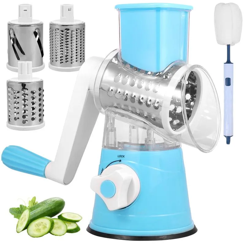 Blue Tabletop Drum Grater for Cheese or Vegetables Three cutting