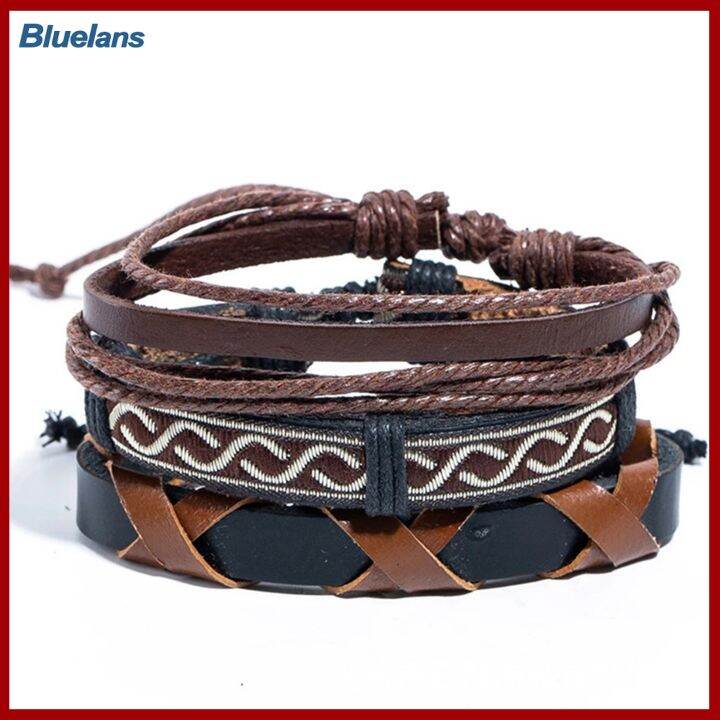 bluelans-4ชิ้น-เซ็ต-unisex-multi-layer-หนังเทียมถักเครื่องประดับสร้อยข้อมือกำไลของขวัญ