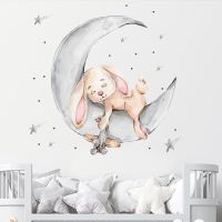 Cartoon Rabbit Sleeping on The Moon and Stars Wall Stickers for Kids Room Baby Room Decoration Wall Decals Room Interior Wall Stickers  Decals