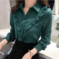 Long Sleeve Shirt Women Fashion Simple Green Blouse Korean Style Autumn Office Corduroy Tops