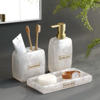 【jw】♤ Acessórios do banheiro branco pérola olhar vaidade bancada acessório conjunto dispensador de sabão escova dentes titular bandeja