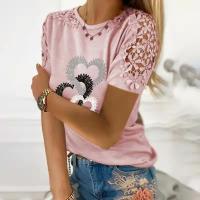 New Lace Heart Print T-Shirt Womens Top Casual O-Neck Short Sleeve Tees Shirt Loose 2022 Summer Hollow Out Pullover Tshirts 5XL