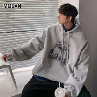 MOLAN สเวตเตอร์สวมศีรษะลายพิมพ์ผู้ชาย Ins เสื้อฮู้ดผ้ากำมะหยี่