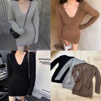 Korea knitted deep V dress ❄️(530฿ฟรีส่ง) ชุดมินิเดรสผ้าknitted ทอเนื้อแน่น ผ้าหนานุ่มนุิ่มกำลังดี ไหมพรมเกรดดีมาก vibe