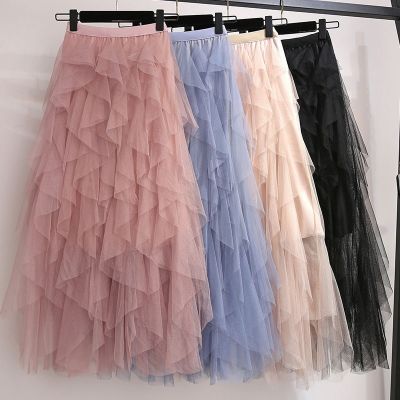 Casual Womens Solid Ball Gown Skirt Tulle High Waist Pleated Tutu Skirt Ladies Wild Mesh Dating Skirts Drop