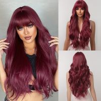 Wine Red Synthetic Wigs Burgundy Long Wavy Wigs with Bangs for Black Women Cosplay Daily Natural Hair Wig Heat Resistant Fiber