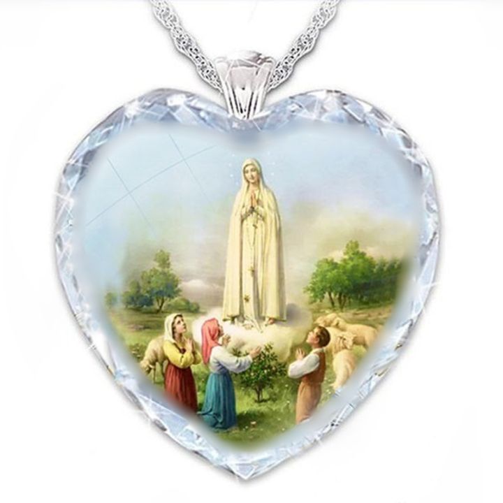 Heart Shaped Crystal Glass Christian Virgin Mary Pendant Womens Necklace Fashion Religious Amulet Accessories Party Jewelry
