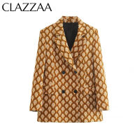 Clazzaa ผู้หญิงแฟชั่นพิมพ์ Double Breasted Blazer Vintage หยักคอกระเป๋าแขนยาวหญิง Office Lady Outfits