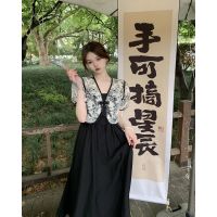 สไตล์วินเทจของผู้หญิง Big yards micro fat huai vintage dress female summer fat mm black cover belly thin skirt with shoulder-straps suit