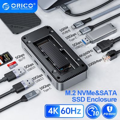 แท่นอุปกรณ์เชื่อมต่อฮาร์ดดิส ORICO พร้อมตู้ SSD M.2 USB C 10Gbps PD 100W RJ45 Sd/tf 4K 10 In 1แท่นวางมือถือสำหรับแล็ปทอปแมคบุ๊ค Pro