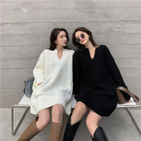 V-neck Twist Knitted Dress for Women 2021 Spring New Retro Lazy Style Loose Mid-Length Sweater Skirt Fashion