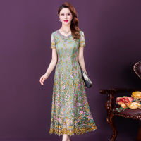 Net yarn embroidery Middle -aged mother French dress female 2023 summer new light luxury temperament slim skirt